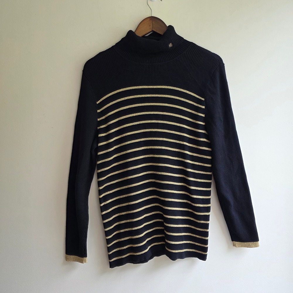 Lauren Ralph Lauren Black Gold Striped Ribbed Turtleneck Sweater Womens 1X